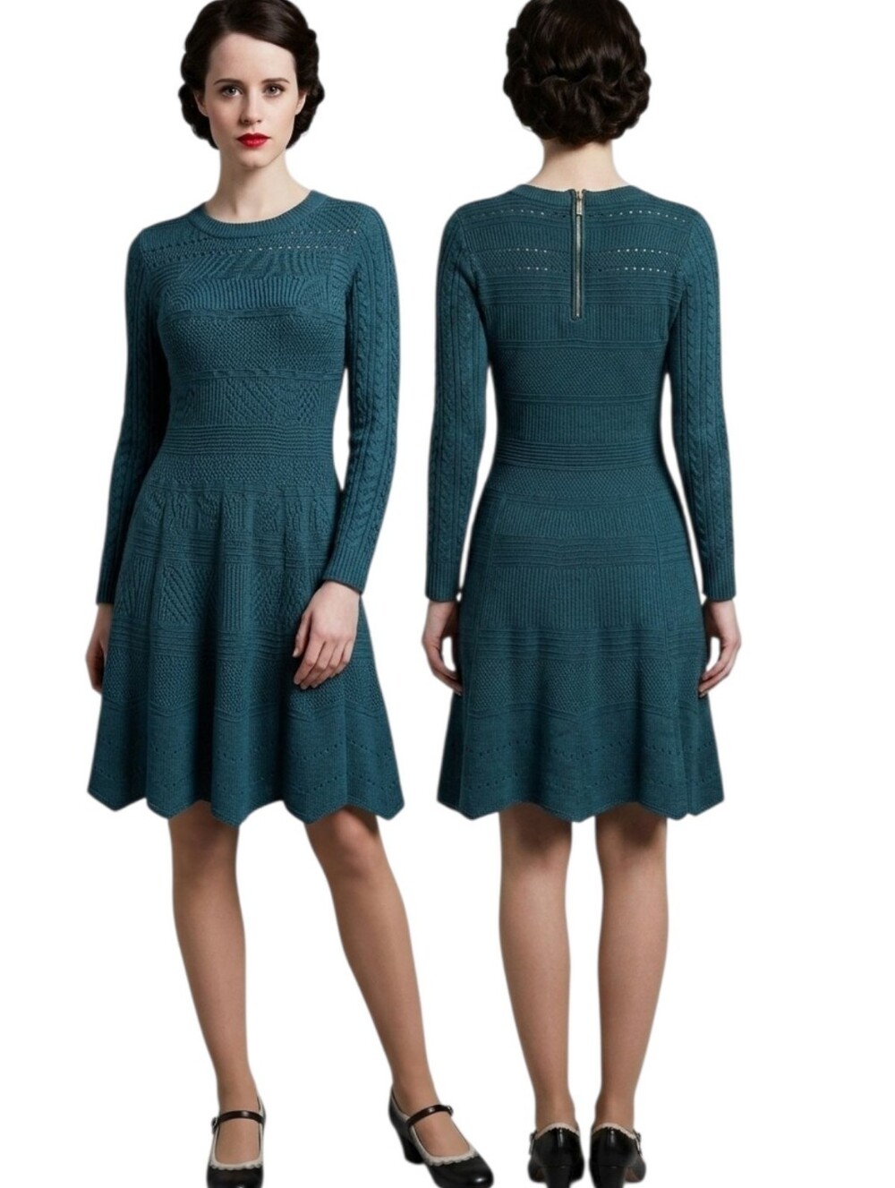 ELIZA J Hunter Green Pointelle Fit & Flare Sweater Dress - Size M